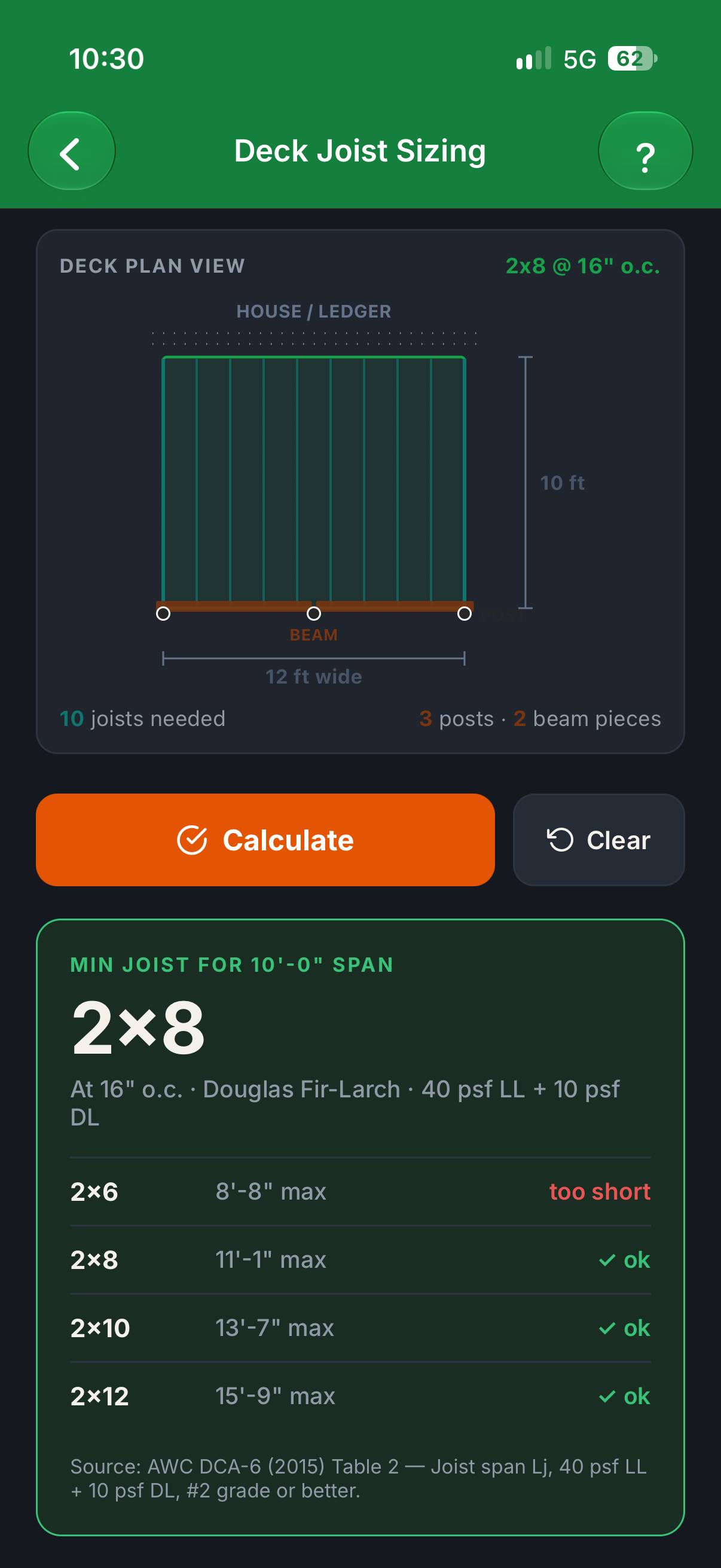 Craftmetry Deck Joist Sizing showing a 10-foot by 12-foot deck plan and a 2-by-8 joist result at 16 inches on center