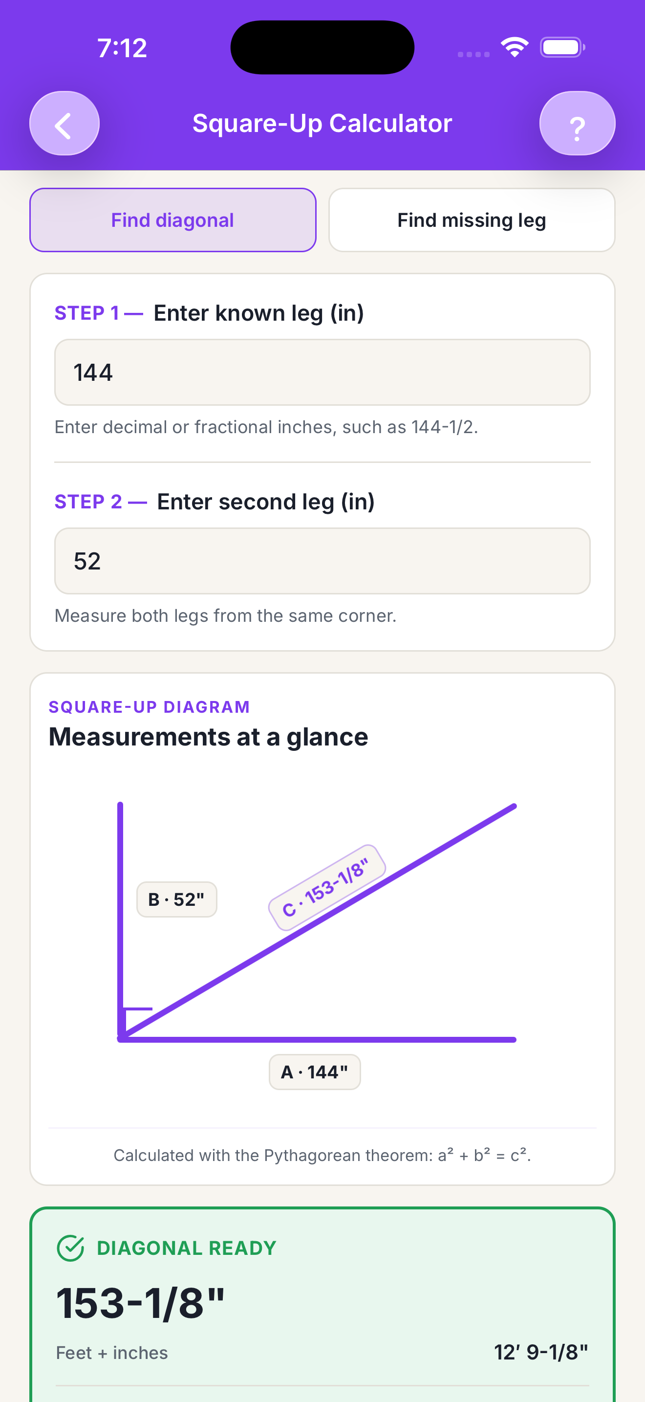 Craftmetry Square-Up Calculator showing a 144-inch by 52-inch layout with a calculated 153-and-one-eighth-inch diagonal