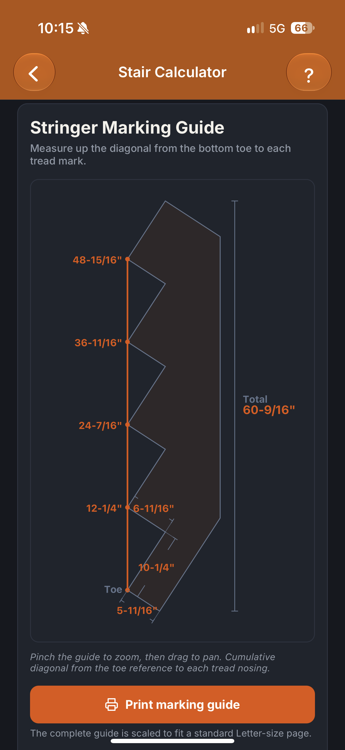 Craftmetry Stair Calculator showing the Stringer Marking Guide, cumulative tread measurements, and Print marking guide button